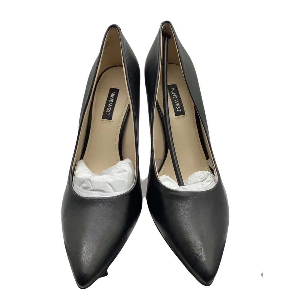 Nine West Flax Black Leather Pointed Toe Mid‎ Heel Pumps Womens 8M NWFLAX